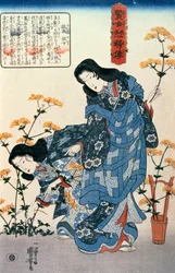 Gio og Giji samler blomster, fra serien Stories of Wise Women and Faithful Wives (Kenjo reppuden) udgivet af Iba-ya Sensaburo (pen, blæk & wc på papir)